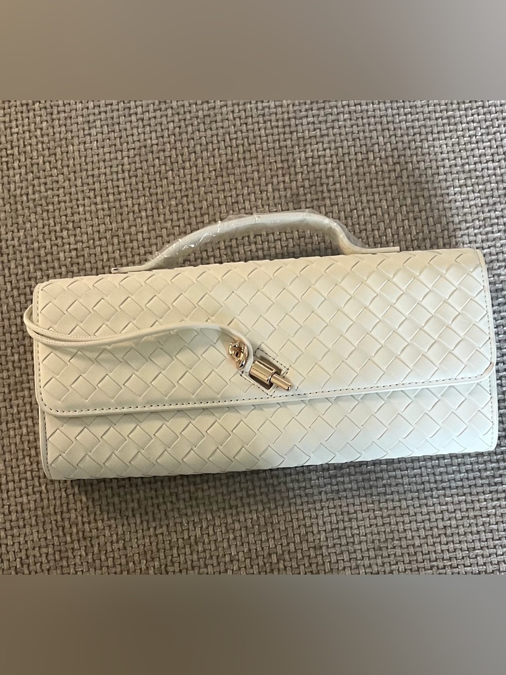 FEW MODA Theia White Woven Clutch Crossbody Top Handle Gold Hardware